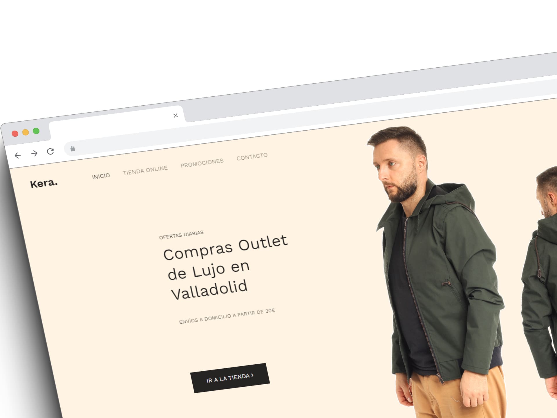 Vista de una tienda online de moda masculina, presentando un hombre con una chaqueta verde y mirada seria, en un diseño elegante de la página web 'Kera'.